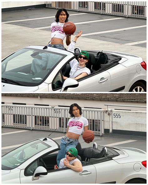 Two Pictures Of People In A Car With Basketballs On The Roof And One Is