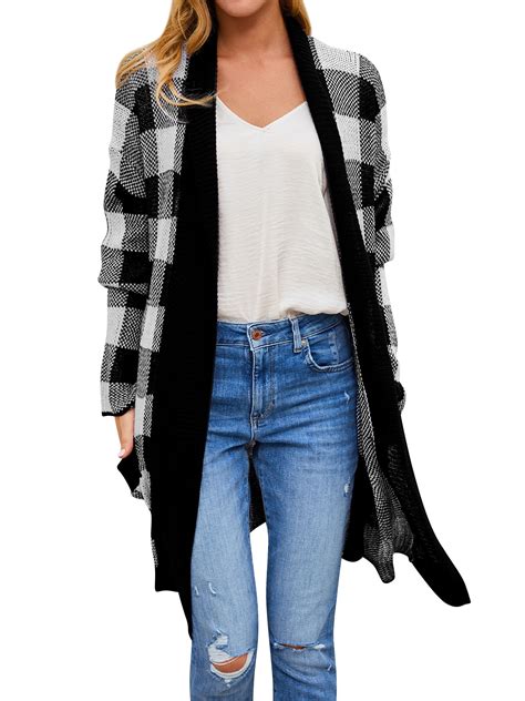 Starvnc Women Plaid Colorblock Open Front Long Sleeves Cardigan