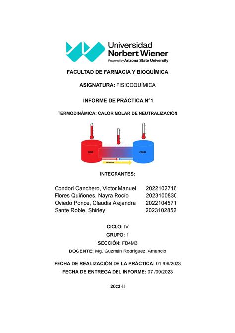 Informe 1 Fisico Quimica FACULTAD DE FARMACIA Y BIOQUÍMICA ASIGNATURA