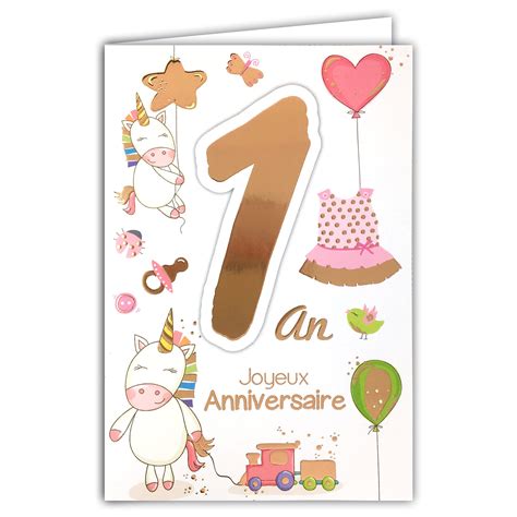 Afie 69 2101 Carte Joyeux Anniversaire 1 an Bébé Fille Licornes Cœur