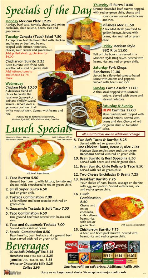 Los Arcos Mexican Restaurant Specials Menu Westminster