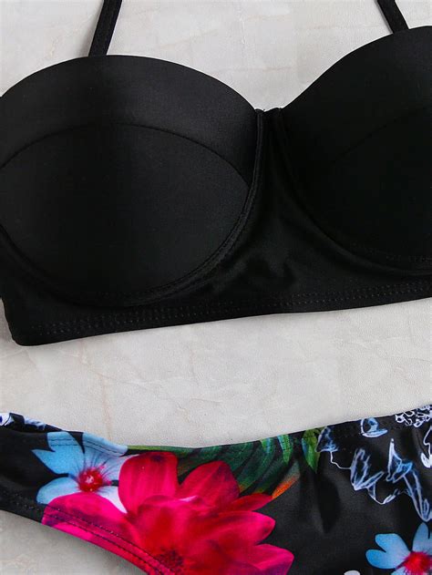 Set Bikini Con Estampado Floral Negro Spanish Shein Sheinside