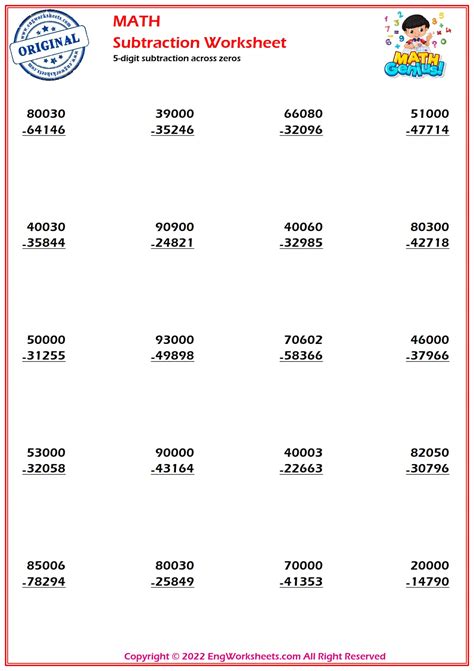 Free Printable Subtraction Across Zeros Worksheets (PDF) | EngWorksheets