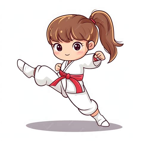 Cute Cartoon Girl in Taekwondo Kicking Pose on White Background ...