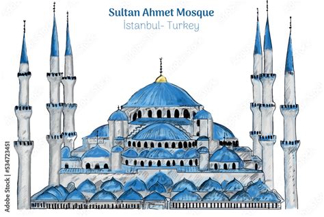 Sultanahmet Camii Blue Mosque Hand Drawing Mosque Watercolor Vector