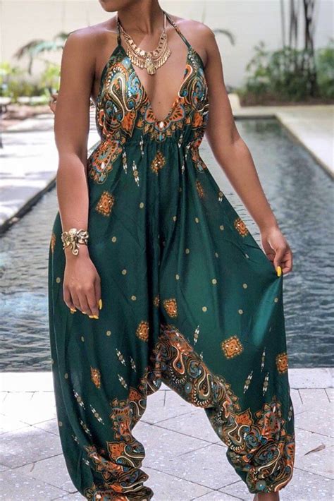 Boho Style Printed Halter Jumpsuit Fashion Fashion Outfits Stylish