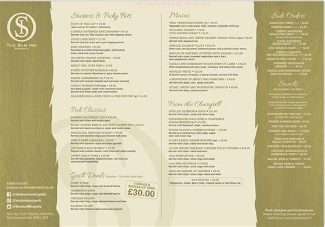 Menu at Sun Inn pub & bar, Morpeth