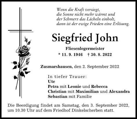 Traueranzeigen Von Siegfried John Augsburger Allgemeine Zeitung