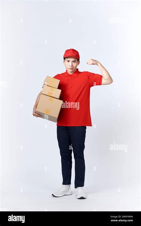 Professional Delivery Guy Employee Man In Red Cap T Shirt Uniform