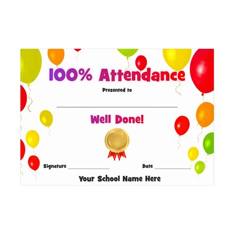 100% Attendance Award Certificate- Balloons