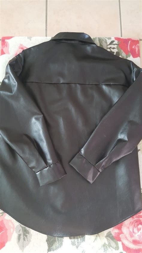 SHEIN Lederimitat Hemd Jacke PU Kunst Leder schwarz Druckknöpfe