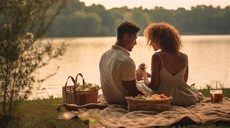 Premium Photo Man And Woman Sitting On Blanket Next To Lake In Serene