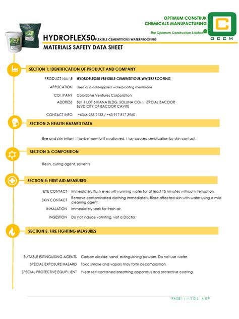 MSDS Hydroflex 50 (Flexible Cementitious Waterproofing) | PDF