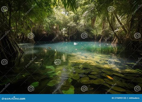 Tropical Freshwater Lagoon With Schools Of Fish Swimming Among Lush