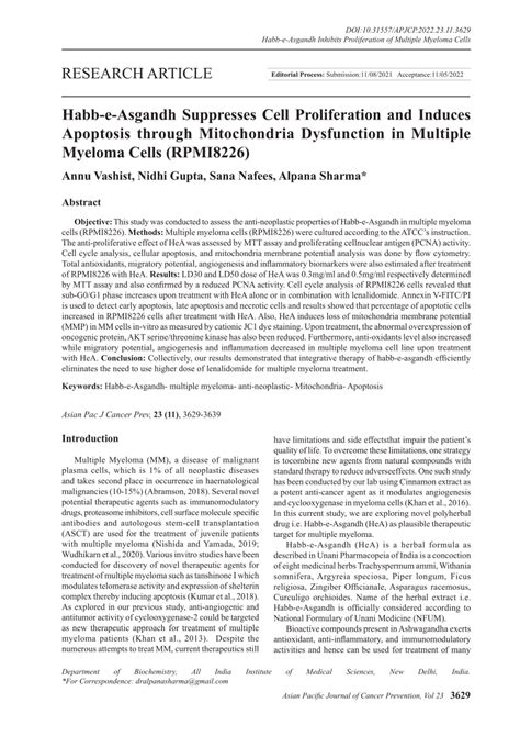 PDF Habb E Asgandh Suppresses Cell Proliferation And Induces