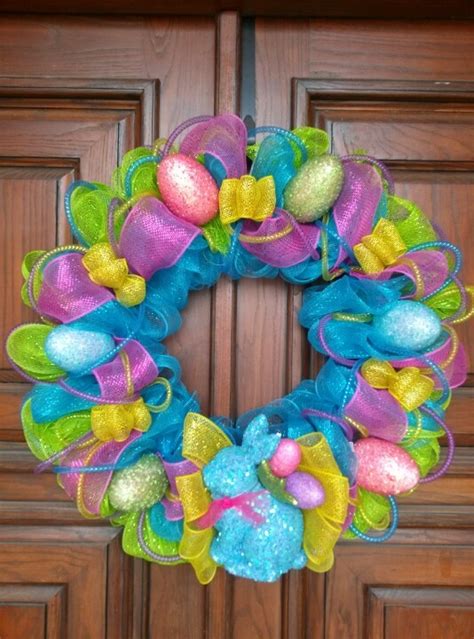 Easter Mesh Wreath Blue Bunny And Glitter Eggs