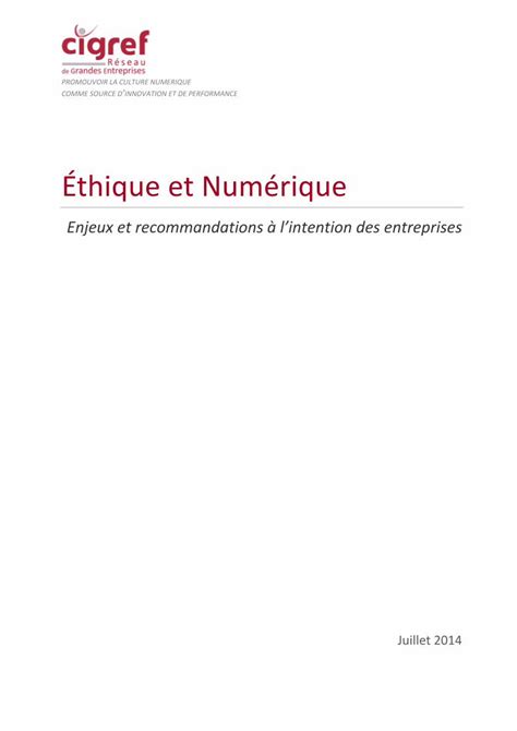 Pdf Thique Et Num Rique Enjeux Et Recommandations L Intention