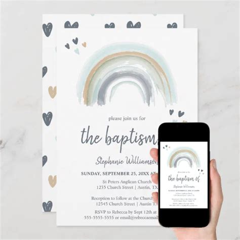 Blue Boho Rainbow Baptism Invitation Zazzle