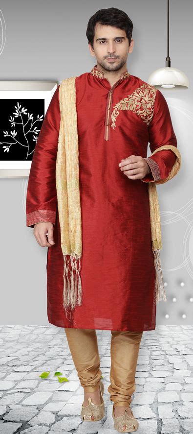 Party Wear Red And Maroon Color Dupion Silk Fabric Kurta Pyjamas