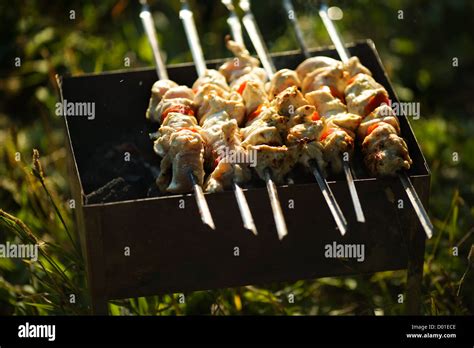 Shish Kebab In Process Of Cooking On Open Fire Outdoors Stock Photo Alamy