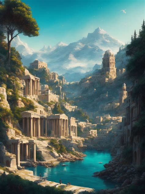 Hursty Snowy Mountain Fantasy Awesome Intricate Greek City Scene