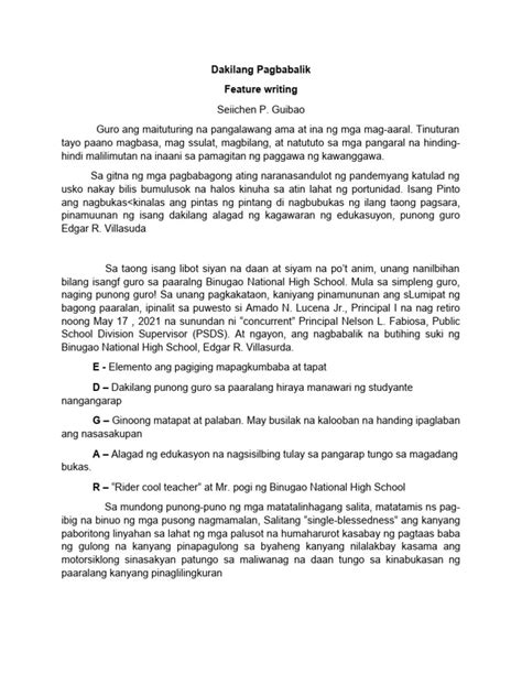 Dakilang Pagbabalik Feature Writing Edgar Villasurda Pdf