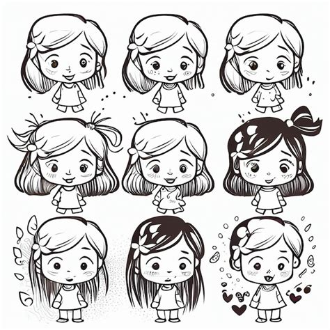 Caras de niña de dibujos animados con diferentes expresiones ai generat