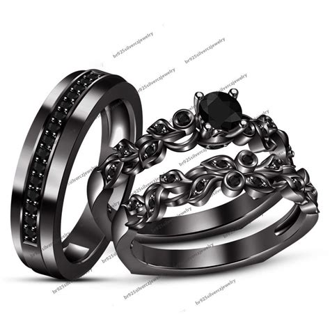 His And Her 14k Black Gold Filled Round Black Diamond Wedding 3pcs Trio Ring Set