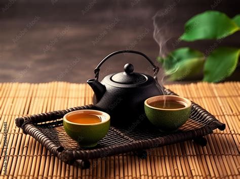 Asian Tea Set Japanese Teapot And Cups On Bamboo Mat Generative Ai Hot Tea In Pot And Teacups