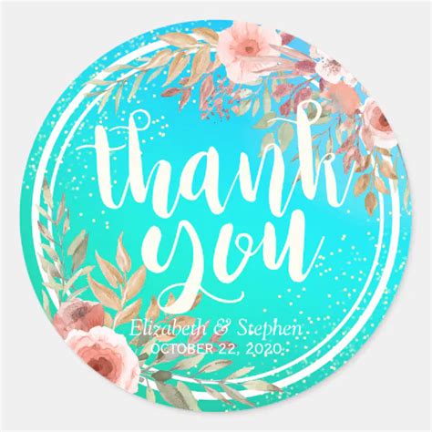 Wedding Thank You Modern Pink Floral Teal Gold Dot Classic Round Sticker Zazzle