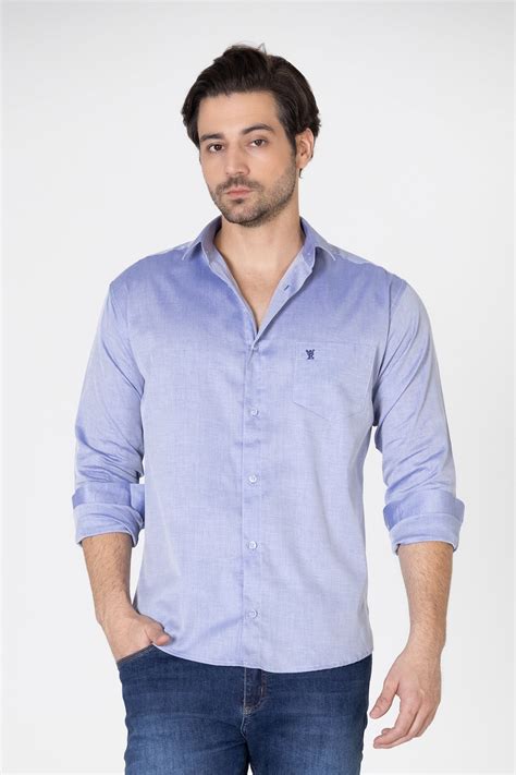 Camisa Social Masculina Chambray Azul Manga Longa