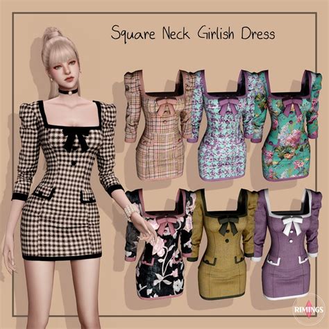 Rimings Square Neck Girlish Dress Rimings Sims Sims Mods