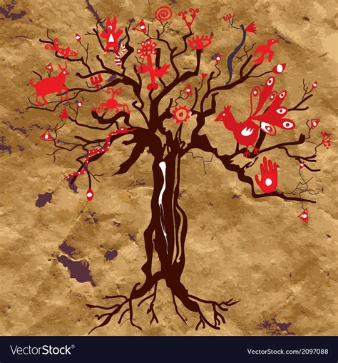 mystic tree   paper texture  symbols vector image