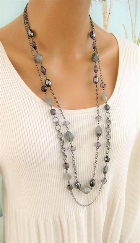 Multi Strand Necklaces Multi Strand Long Gray Necklace Etsy Dressy