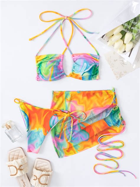 Shein Swim Vcay Ba Ador Bikini Halter De Tie Dye Con Falda De Playa