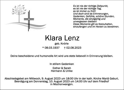 Traueranzeigen Von Klara Lenz Schwaebische De Trauerportal