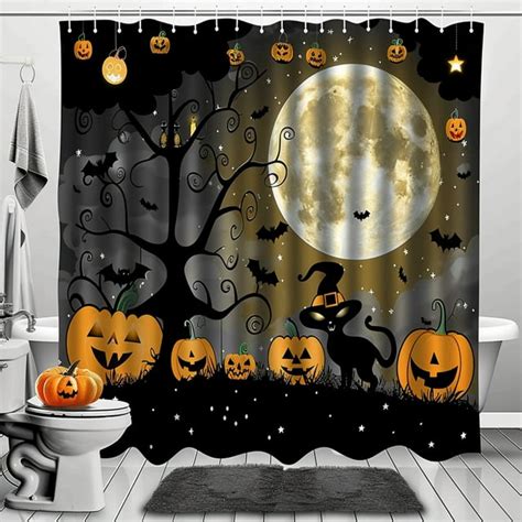 Spooky Halloween Pumpkins Shower Curtain With Cat In Witch Hat Design