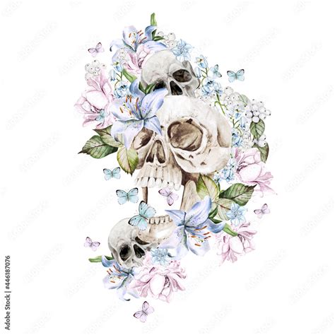 Beautiful Watercolor Skull With Flowers Of Peony And Roses Stock