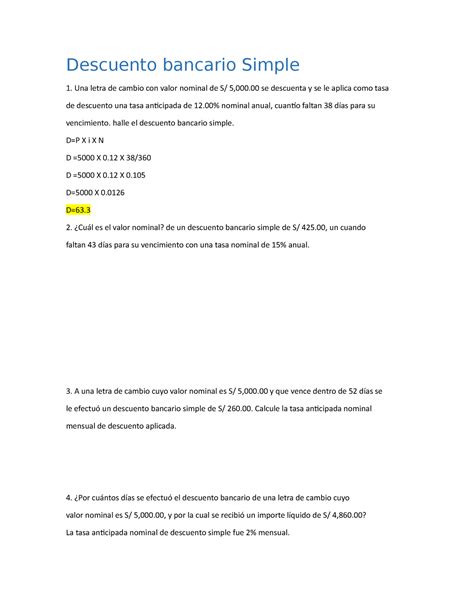 Descuento Bancario Simple Descuento Bancario Simple Una Letra De