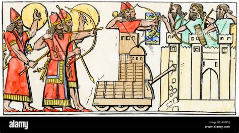 Assyrian Siege Of A City Showing Use Of A Battering Ram Hand Colored