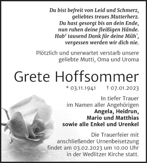 Traueranzeigen Von Grete Hoffsommer Abschied Nehmen De