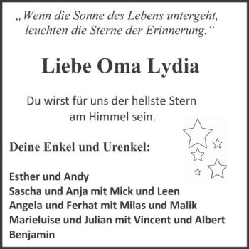 Traueranzeigen Von Lydia Trauerportal Ihrer Tageszeitung