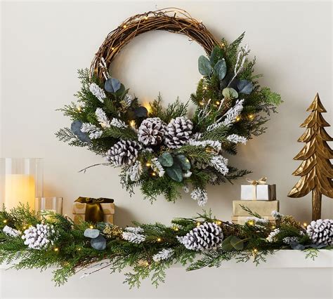 Pre Lit Faux Frosted Greens Pinecones Wreath Garland Pottery Barn