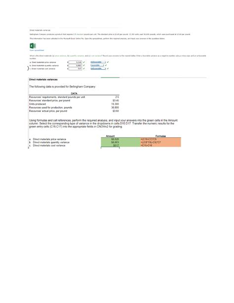 ACC 202 Cengage BE 09 01 Excel Algo Direct Materials Variances