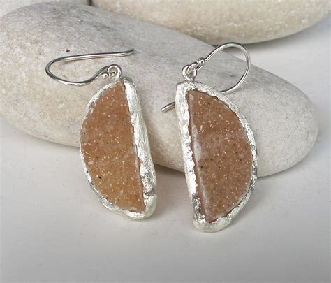 Semicircle Beige Druzy Earring Real Druzy Handmade Drop Dangle Earring