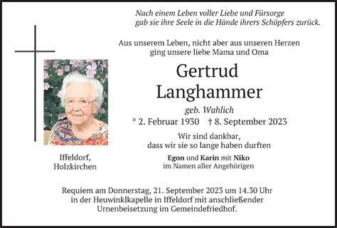 Traueranzeigen Von Gertrud Langhammer Trauer Merkur De