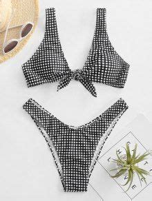 Front Tie Thong Plaid Bikini Set In White And Black Zaful