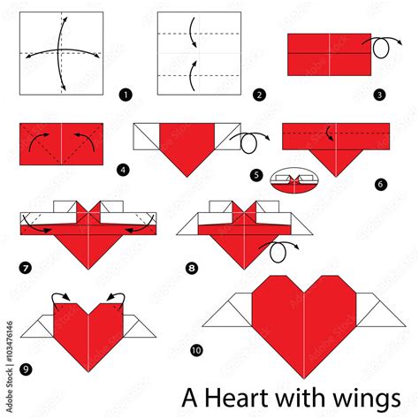 step by step instructions how to make origami heart with wings. Stock Vector | Adobe Stock