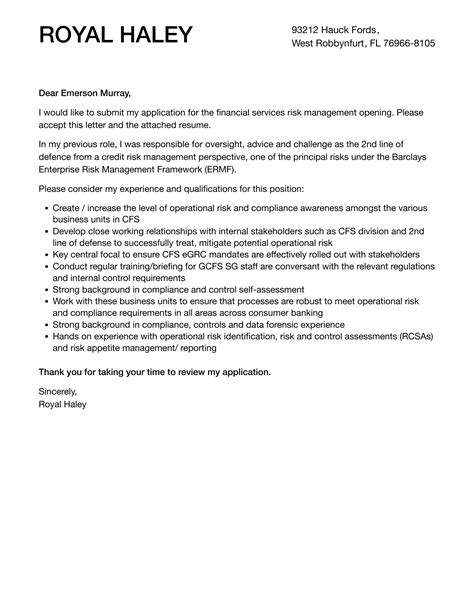 Financial Services Risk Management Cover Letter Velvet Jobs