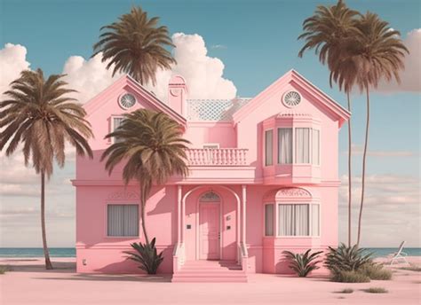 Premium Ai Image A Pink House With Palm Trees In The Background